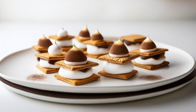elegant homemade s mores arranged on minimalist white ceramic plate clean white background bright natural daylight premium commercial dessert photography