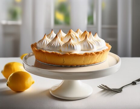 elegant lemon meringue pie displayed on white ceramic cake stand minimalist styling bright natural daylight luxury bakery presentation realistic food photography