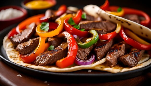 extreme close up of grilled steak fajitas with caramelized onions and roasted peppers detailed textures shallow depth of field ultra realistic gourmet food photography
