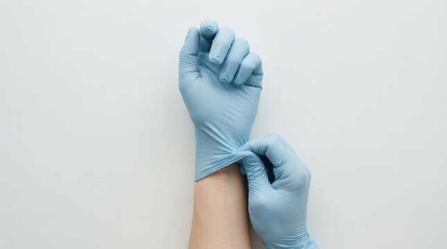 Medical professional putting on blue nitrile gloves on white background representing healthcare safety