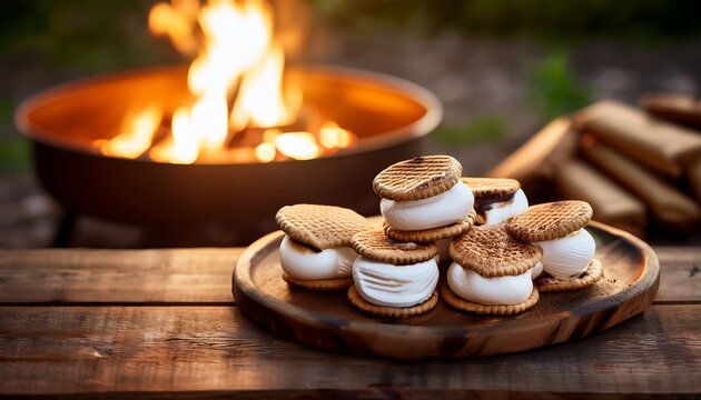 freshly assembled s mores resting on rustic wooden table beside a softly glowing campfire in the background cozy outdoor camping atmosphere warm golden hour lighting realistic commercial food photo