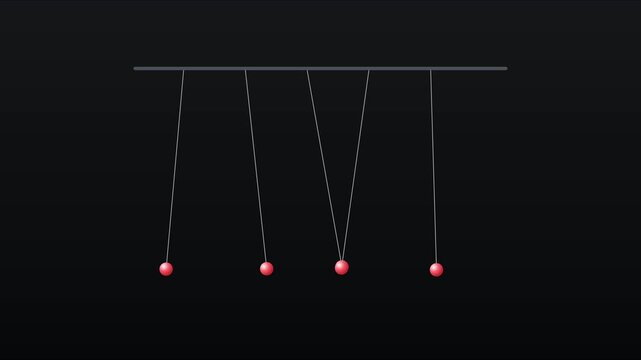 Newton's cradle physics pendulum swinging with red spheres on animation 4k black background, for scientific motion, and kinetic energy concept