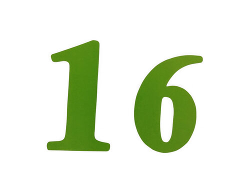 Large green number sixteen isolated on a plain surface for design and decoration isolated on transparent background