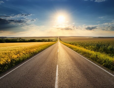 road disappearing into horizon under july sun