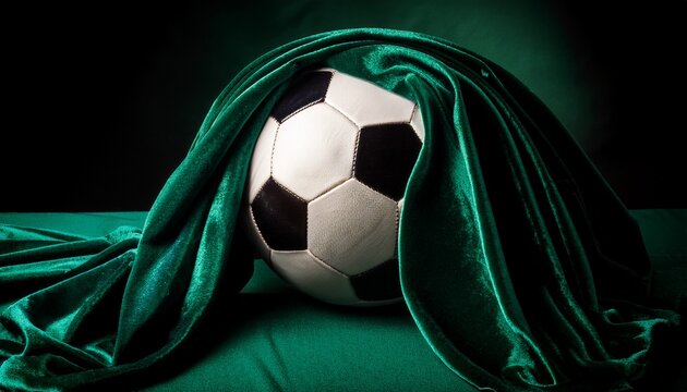 soccer ball elegantly draped in dark green velvet fabric