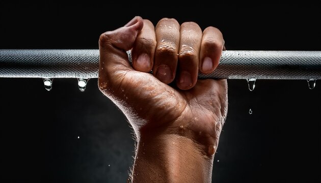 sweaty hand grips textured metal bar with water droplets close up on muscle exertion against dark background