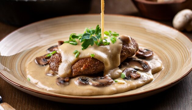 veal scaloppine with creamy mushroom sauce dripping over edges