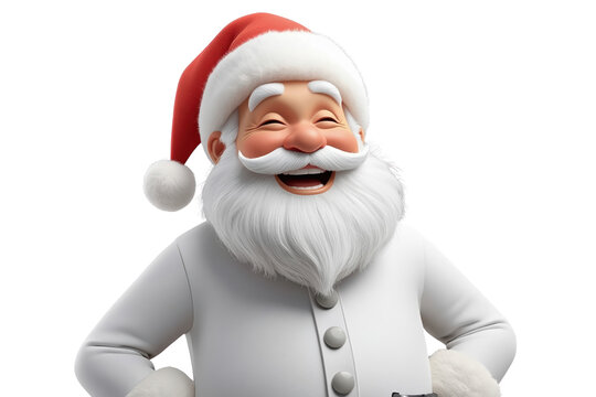 Laughing Santa character in white winter coat