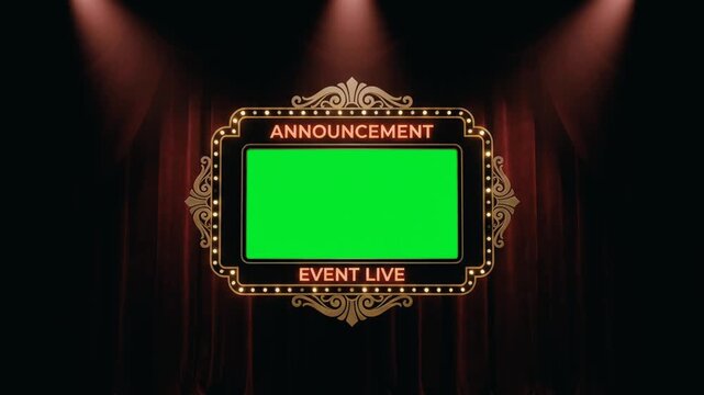 Elegant golden frame with green screen center on a dark theater stage background.