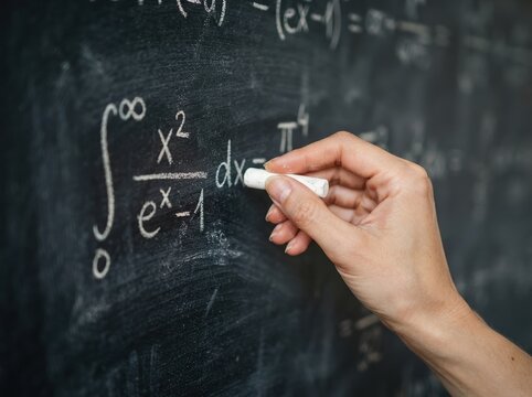 Woman writing complex mathematics formula on chalkboard in classroom