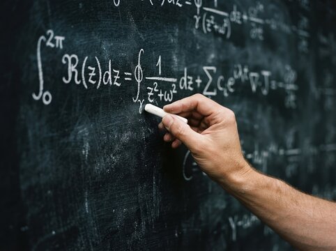 Hand of a man writing complex mathematics and calculus equations on a blackboard
