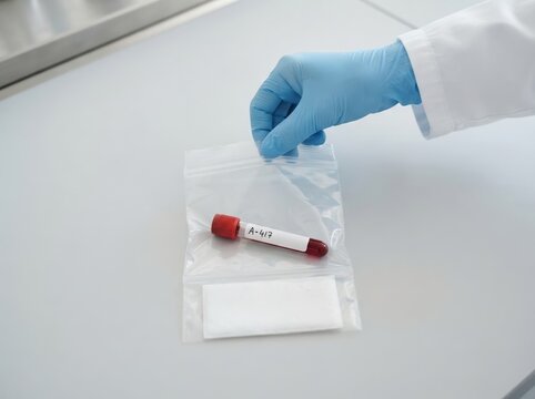 Scientist in lab coat and blue gloves holding a sealed plastic bag with a blood test tube sample