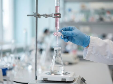 Chemist performing chemical titration with buret and Erlenmeyer flask in scientific laboratory