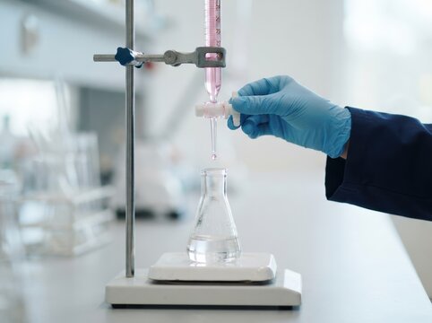 Scientist performing a chemical titration experiment in a laboratory using a burette and an Erlenmeyer flask