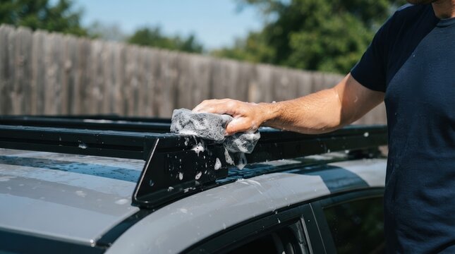 Adult Caucasian male washing car roof rack with soapy sponge outdoors detailing SUV