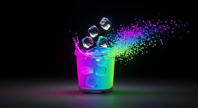 A glass of colorful liquid with a dynamic splash transitioning into digital pixels, glowing in violet and cyan hues with chiseled ice cubes, splash, violet, droplets