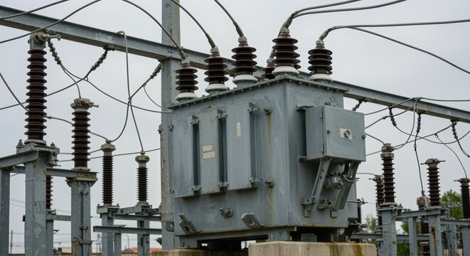Electrical transformer station with high voltage insulators and power lines outdoors