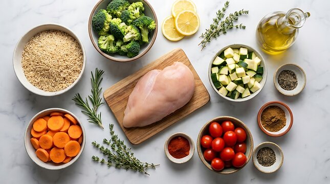 Raw chicken breast with fresh vegetables and herbs for healthy cooking on a kitchen table. beginner cooking projects