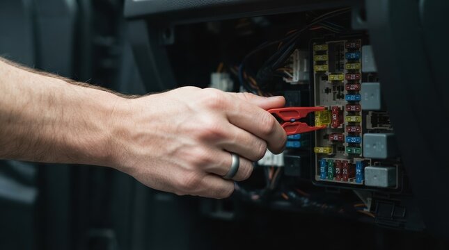 Man replacing car fuse in vehicle dashboard using fuse puller tool for automotive repair and electrical maintenance