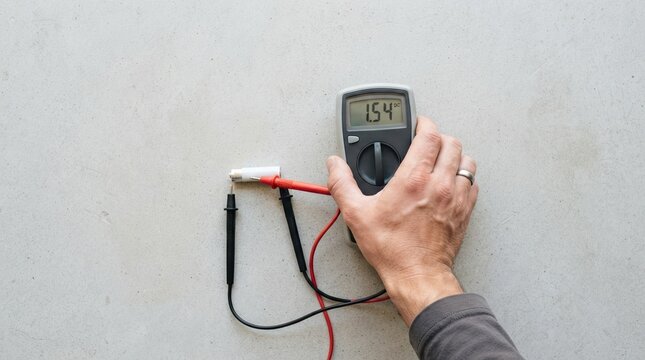 Person measuring battery voltage using a digital multimeter on a concrete surface representing electrical testing