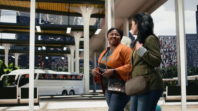 Friends check a wristwatch while walking together and waiting for the bus to arrive; the travel companions monitor the time during their coach commute and worry about being late to departure.