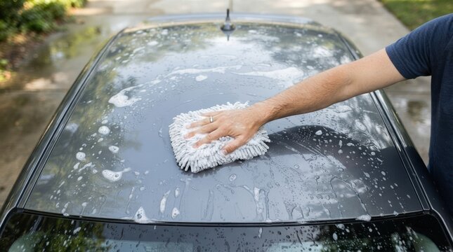 Man washing gray car roof with microfiber mitt and soapy water during vehicle detailing outdoors