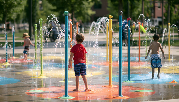 This vibrant splash pad provides water fun through its fountains and sprayers. Children gleefully play in the park during the hot summer months. It's a secure outdoor recreation spot for kids' enjoyme
