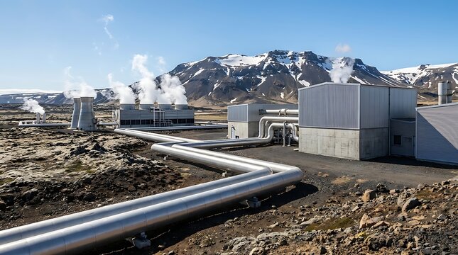 Vast geothermal energy facility with steam rising from industrial structures, showcasing renewable power infrastructure in a harsh, mountainous environment