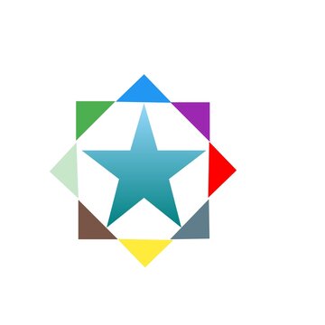 star of david,The star logo is light bluish blue in the middle, surrounded by geometric shapes of layered squares that form an eight-cornered star with rainbow colors such as red, yellow, green, blue,