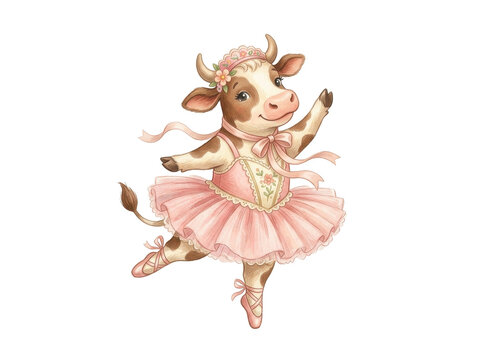 A charming cartoon cow gracefully performing ballet in a pink tutu and pointe shoes, with a soft floral crown, set against a white background.
