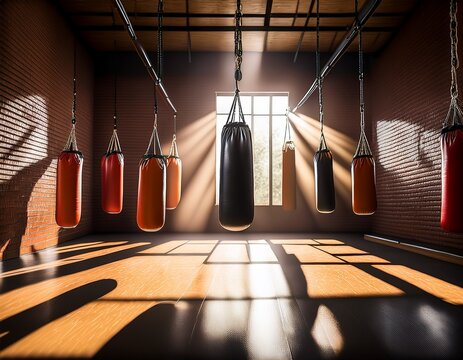 boxing punching bags hang in a sunlit gym casting dramatic shadows symbolizing intense combat training and discipline