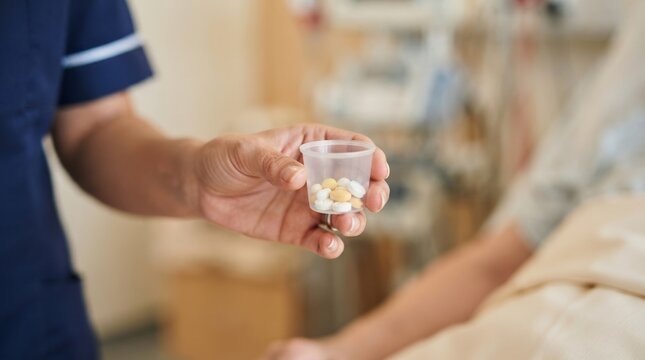 Nurse holding medication cup with pills for a patient in a hospital room, representing healthcare and caregiving