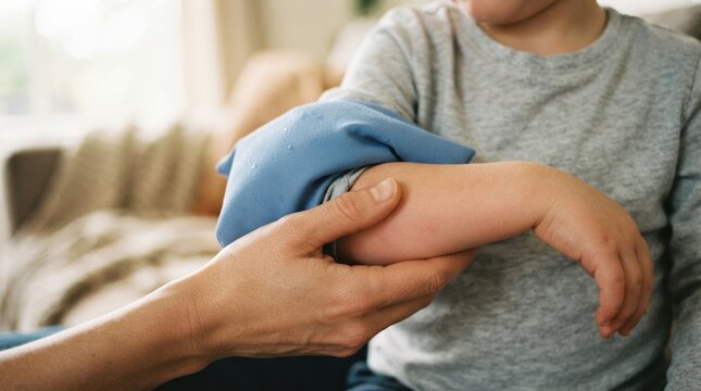 Caring mother holding arm of her young son and applying cold ice pack to treat injury or reduce swelling
