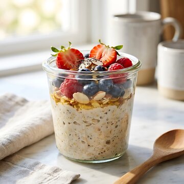 Healthy overnight oats in a glass jar with fresh strawberries and blueberries for breakfast. no-cook breakfast ideas