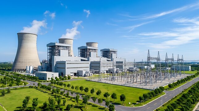 Industrial power plant with prominent cooling towers and electrical grid, set in green landscape under a clear blue sky, vital for energy supply