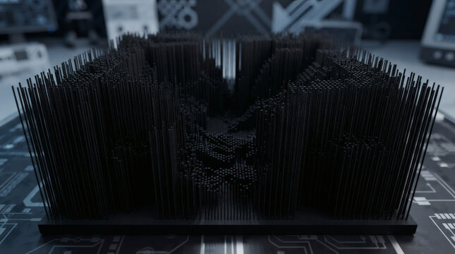 Abstract futuristic nanotechnology concept black carbon nanotube forest matrix structure macro close up with microscopic geometric depth and shadow occlusion tech b2b background copy space