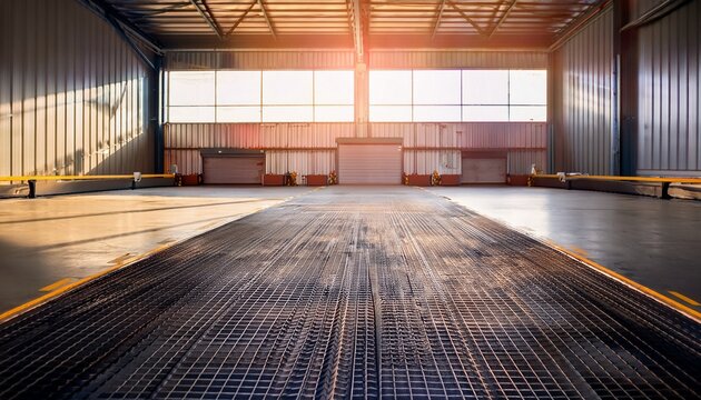 warehouse loading dock ramp with natural light and industrial interior soft focus for copy space and atmosphere