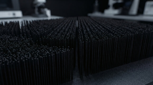 Abstract futuristic nanotechnology concept black carbon nanotube forest matrix structure macro close up with microscopic geometric depth and shadow occlusion tech b2b background copy space