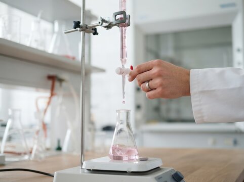 A scientist performing chemical titration in a laboratory using a burette and Erlenmeyer flask for research and experiment