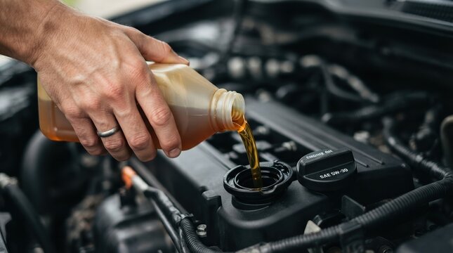 Person pouring fresh motor oil into a car engine for maintenance and vehicle service
