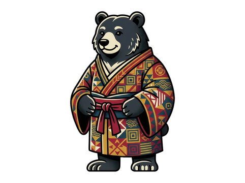 A friendly black bear standing in a traditional patterned kimono, illustrated in a colorful vector art style against a clean white background.
