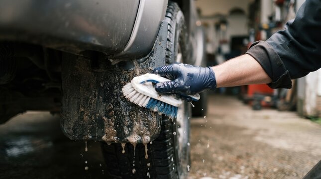 Man washing muddy car mud flap with brush in garage, auto detailing and vehicle maintenance concept