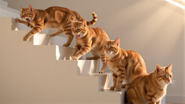 Four orange cats descend stairs, one roaring, others calm.