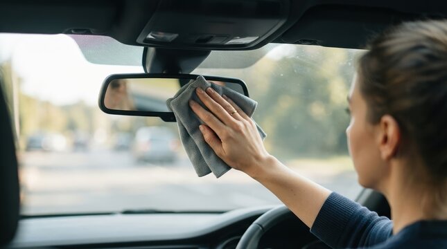 Young woman cleaning rearview mirror of a car with microfiber cloth, interior car care and detailing