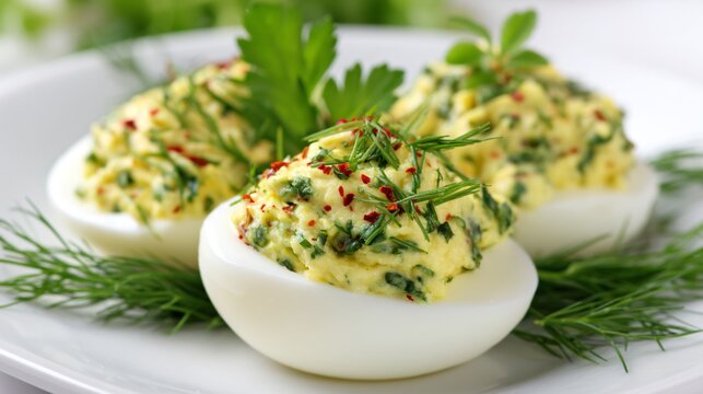 deviled eggs with herbs garnish, fresh chives dill parsley, bright color accents, commercial food image