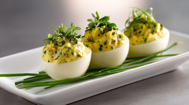 deviled eggs with herbs garnish, fresh chives dill parsley, bright color accents, commercial food image