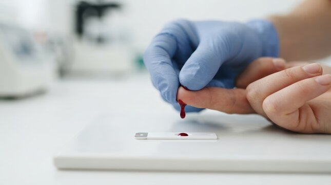 Medical professional wearing gloves collecting blood sample from patient finger for rapid testing in laboratory