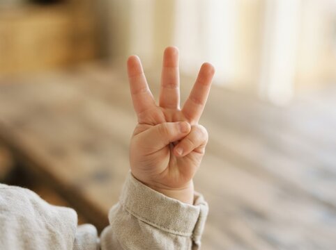 Toddler hand showing three fingers up gesture indoor close up shot for counting concept