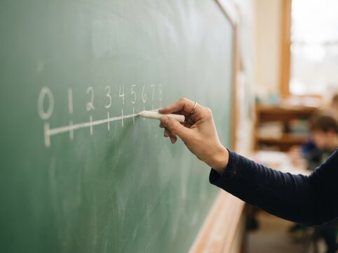 Female teacher drawing number line on chalkboard in elementary classroom