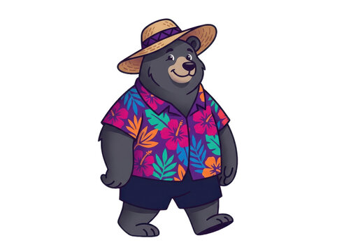 A cute black bear wearing a colorful floral hawaiian shirt and straw hat walking in a cheerful cartoon style on a clean white background.